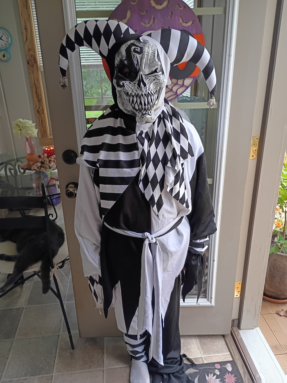 Black & White Jester Costume with Skull Mask for Kids